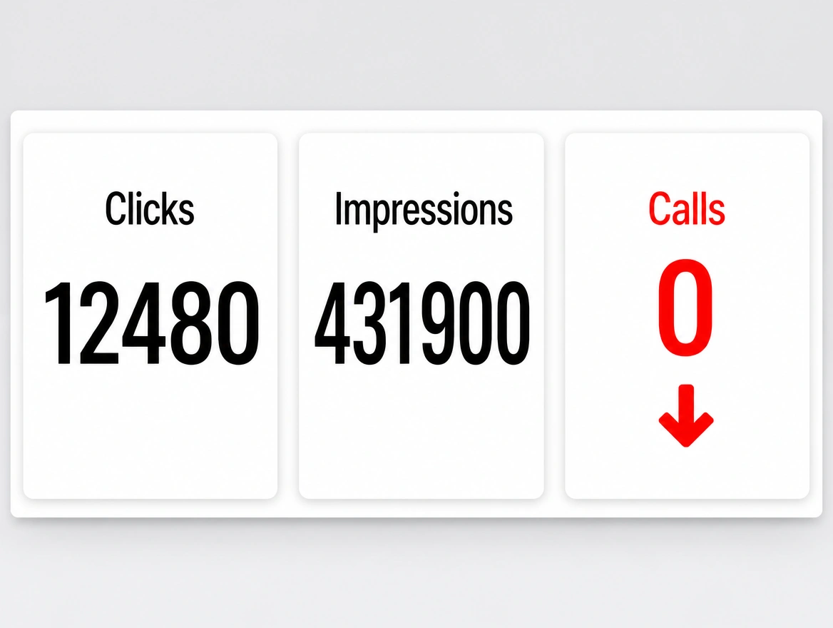 A report card showing large click and impression counts beside zero calls