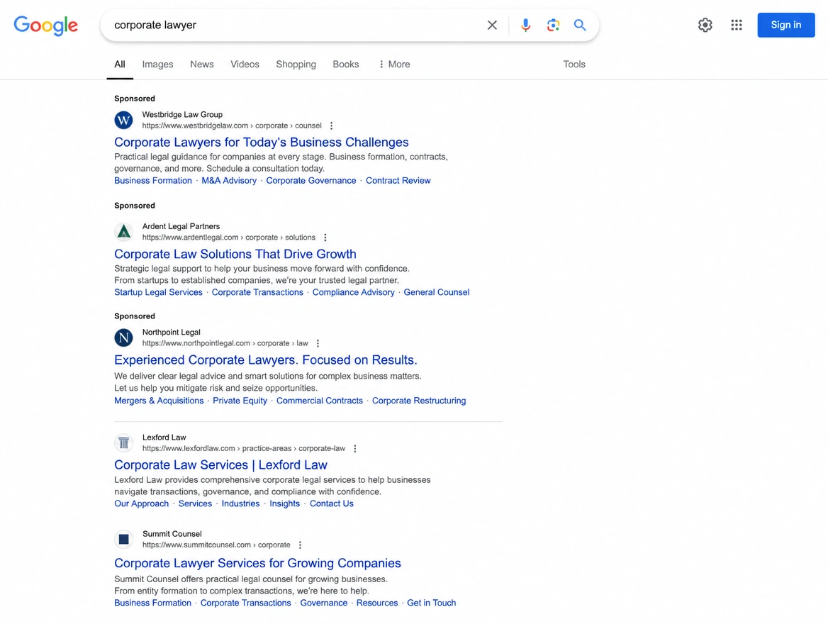 A search results page with three paid listings above the results
