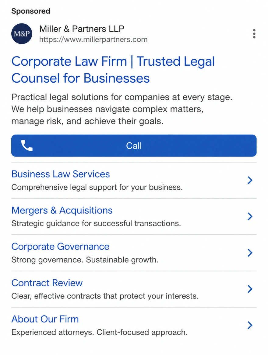 A phone search advert for a professional service with a call button