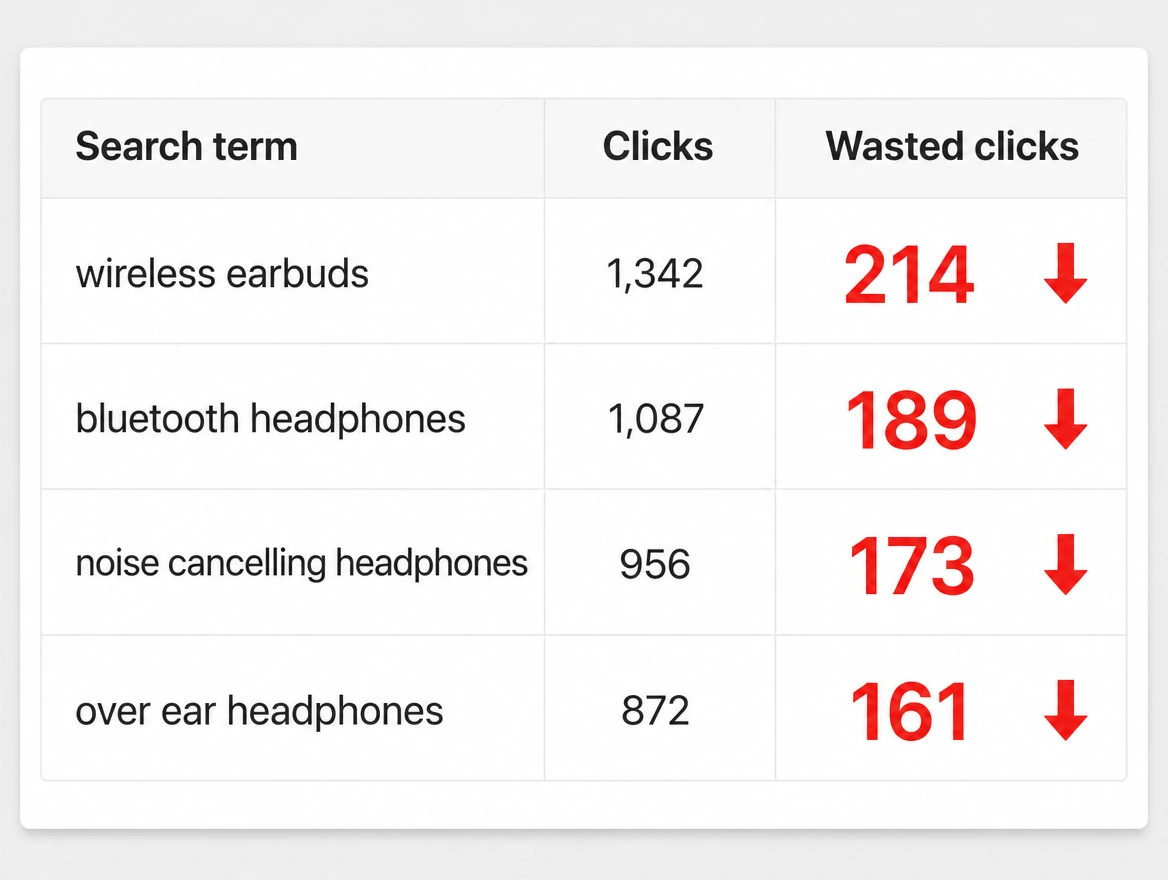A cost per click column with high figures beside wasted searches