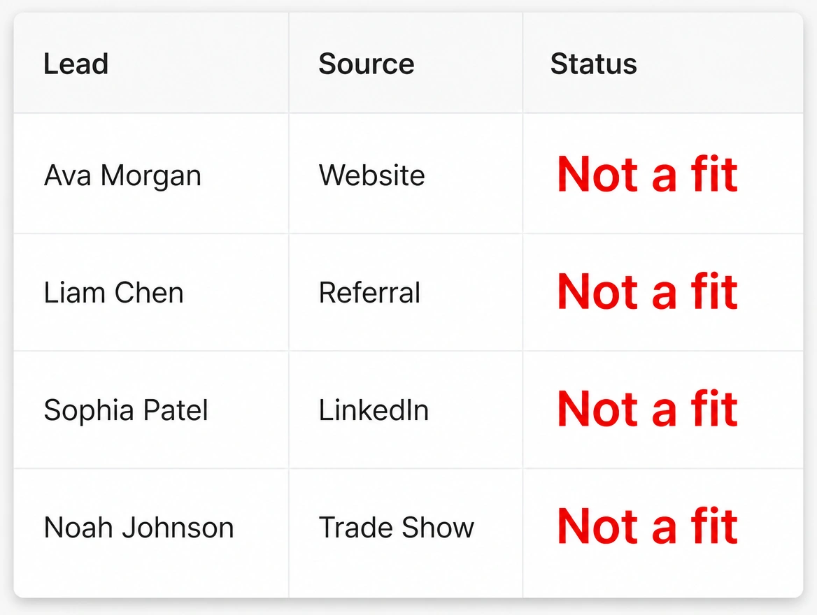 A lead list where most entries are marked as a poor fit