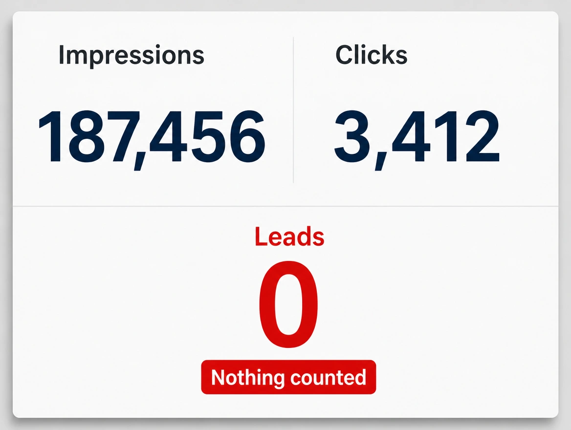 A report showing impressions and clicks with no lead figures