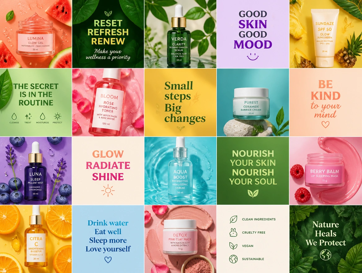 Colourful social content grid mixing product photos with bold text posts