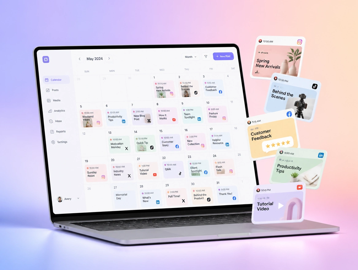 Website mockup showing scheduling and publishing