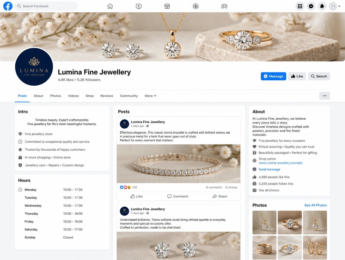 A Facebook business page for a fine jewellery shop with recent posts, opening hours and a message button