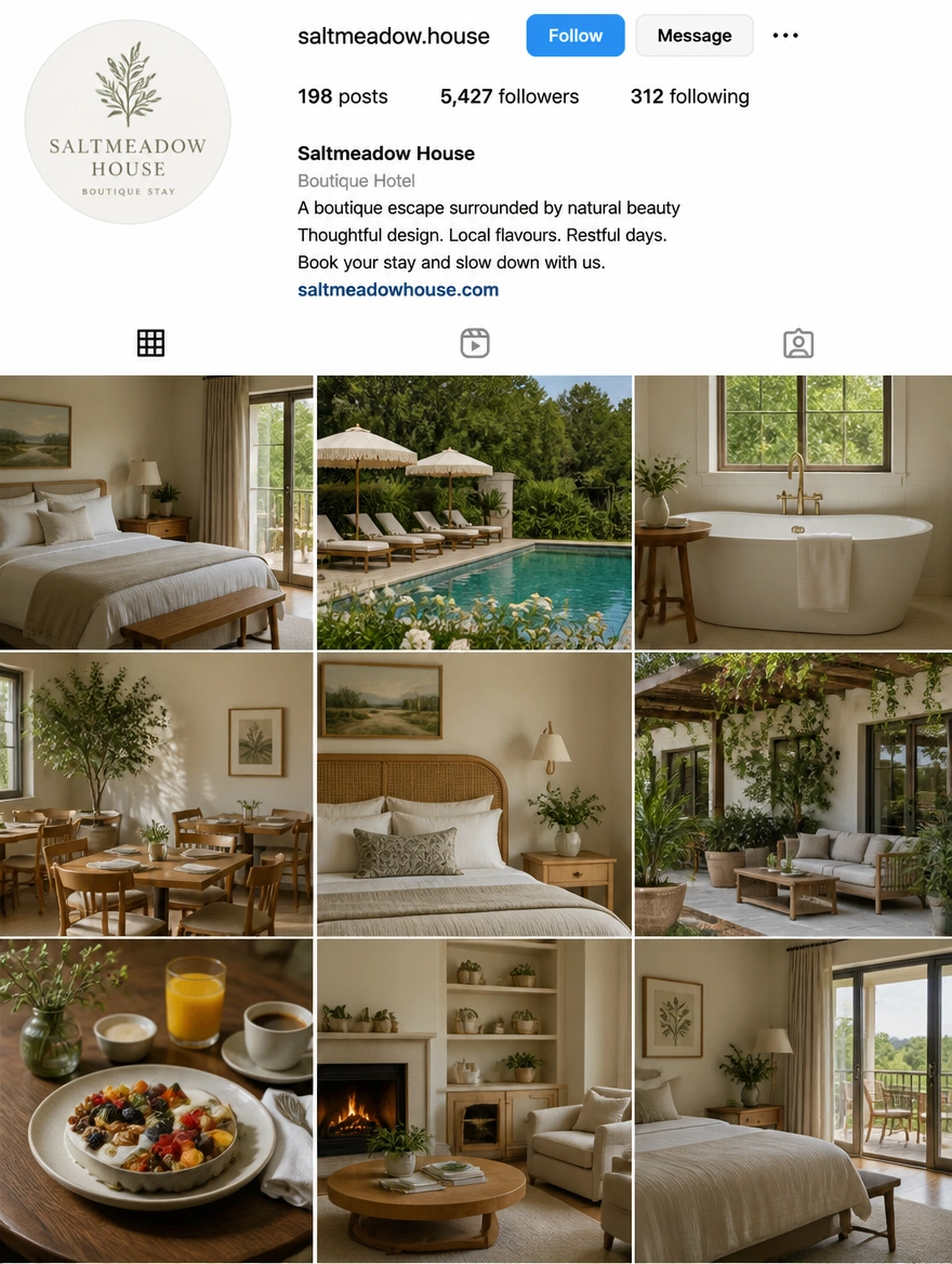 An Instagram business profile for a boutique hotel with a grid of room and breakfast photographs