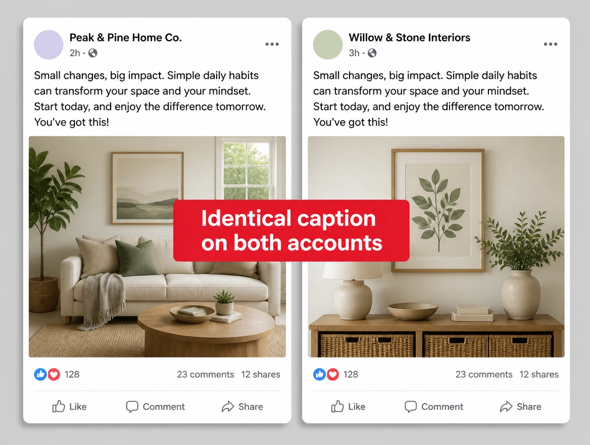 Two business accounts posting the identical caption, labelled in red as identical on both accounts