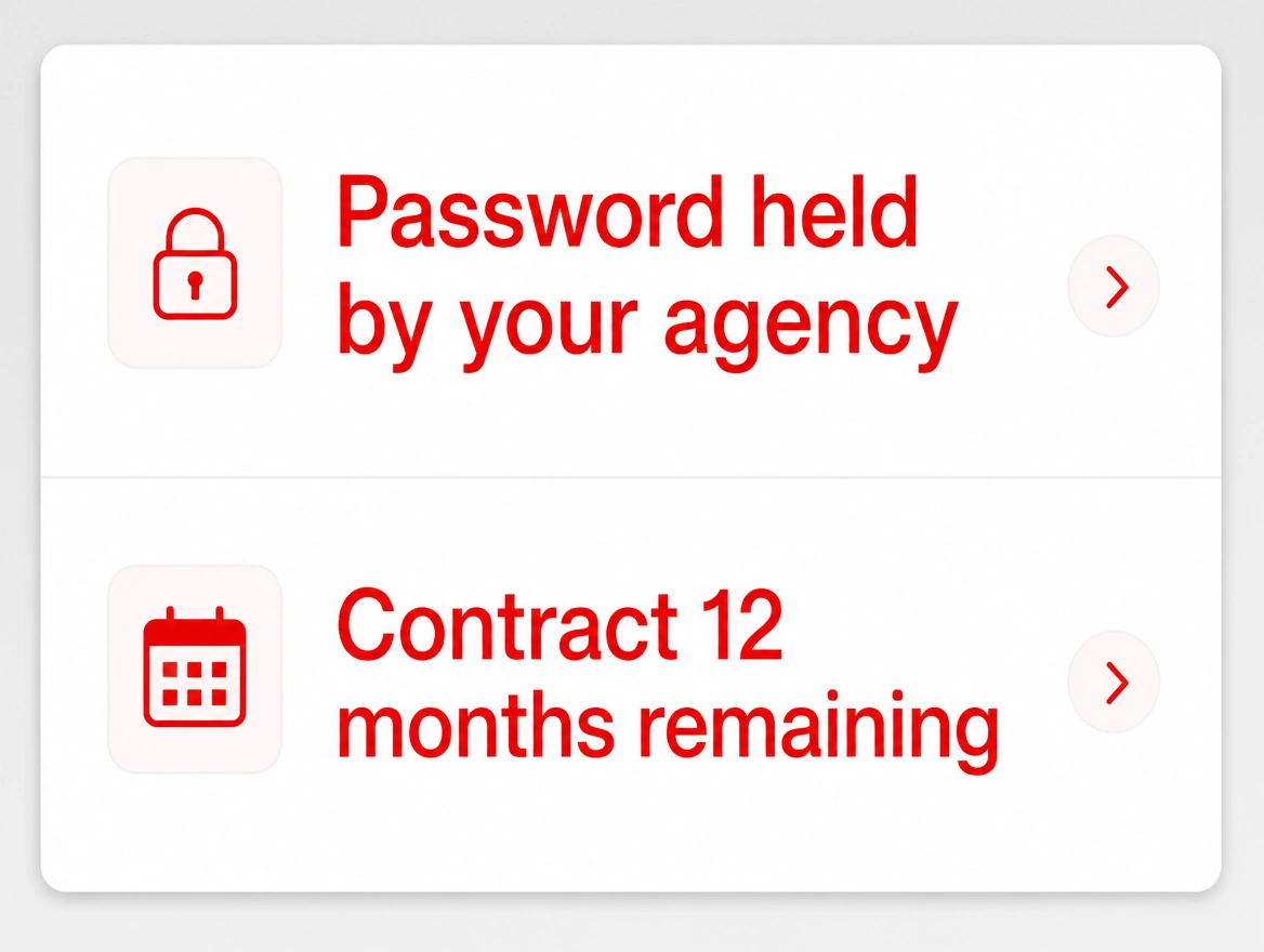 An account panel showing the password held by an agency and twelve months of contract left, in red