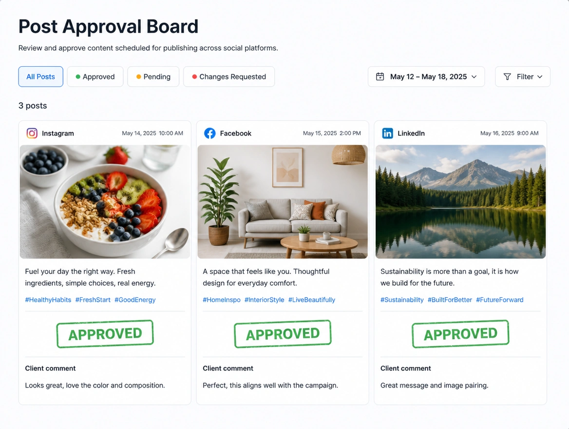 A post approval board with three drafts stamped approved and a client comment on each