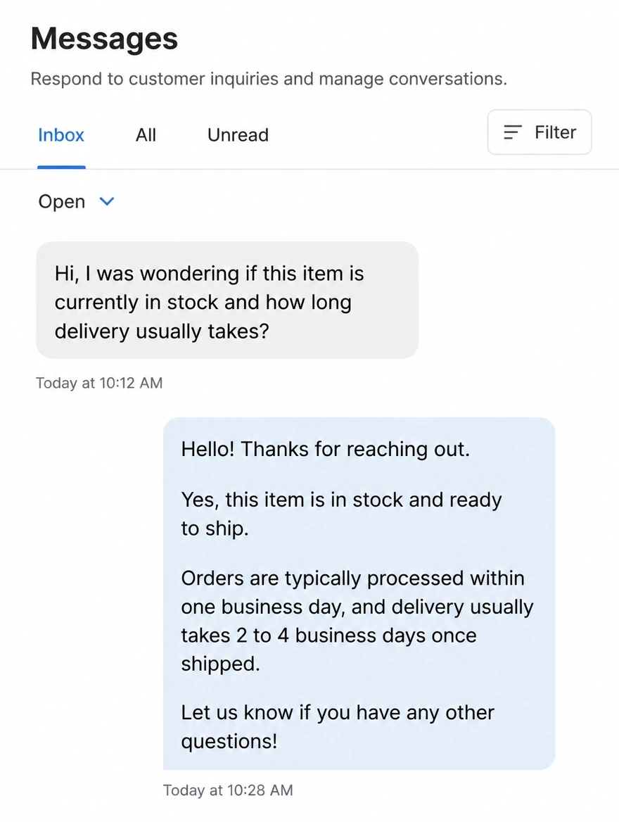 A business social inbox where a customer question is answered the same day