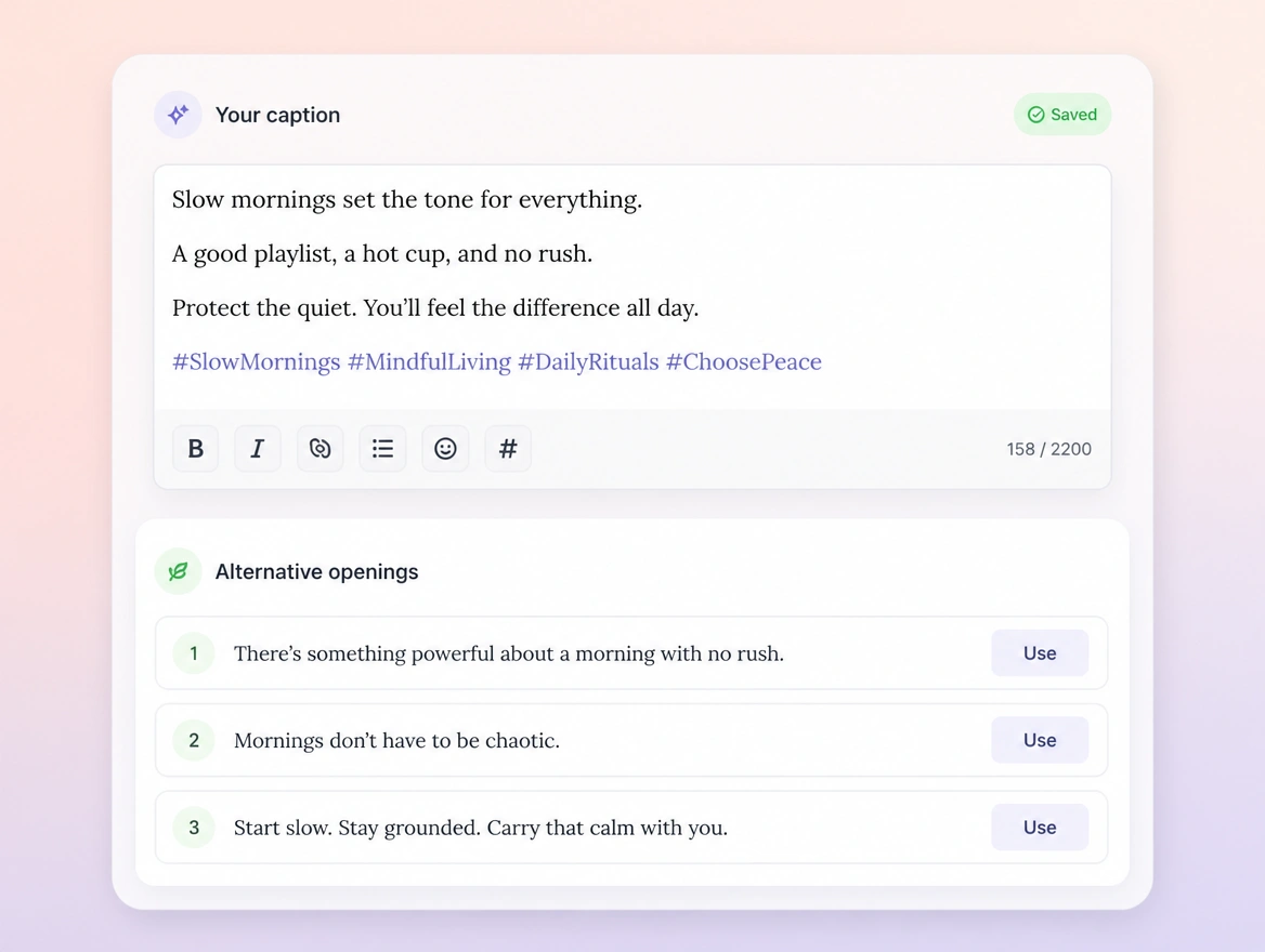 Website mockup showing captions written for you