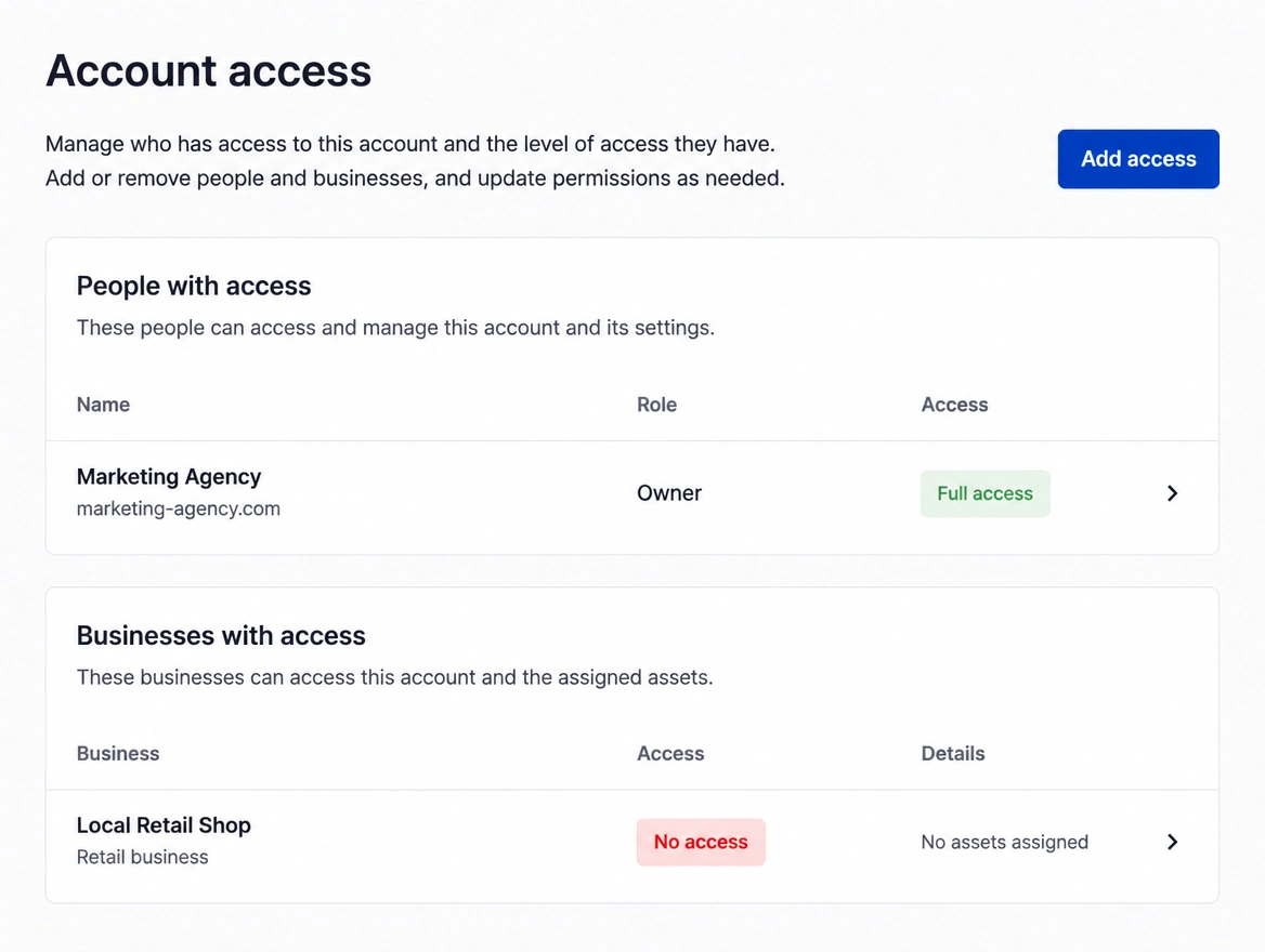 An account access panel with an agency as owner and the business locked out