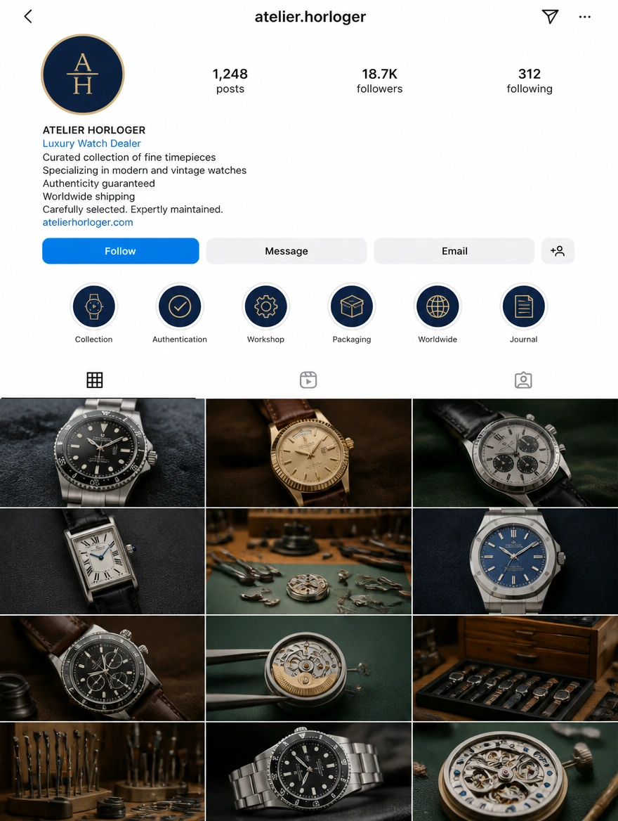 An Instagram profile for a luxury watch dealer showing product and workshop photos