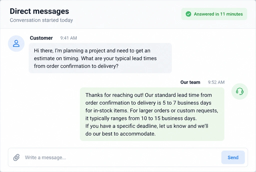 A direct message thread where a supplier question is answered in eleven minutes