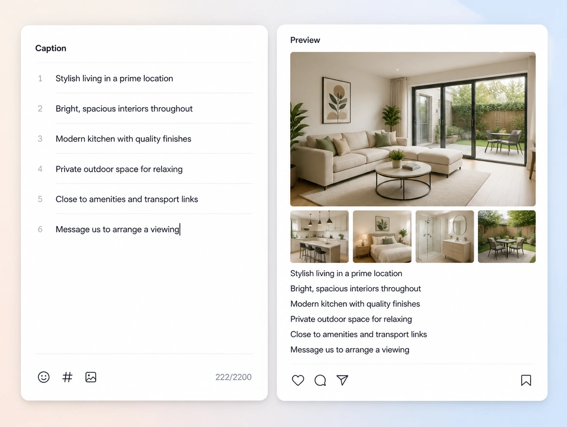 Website mockup showing captions and wording