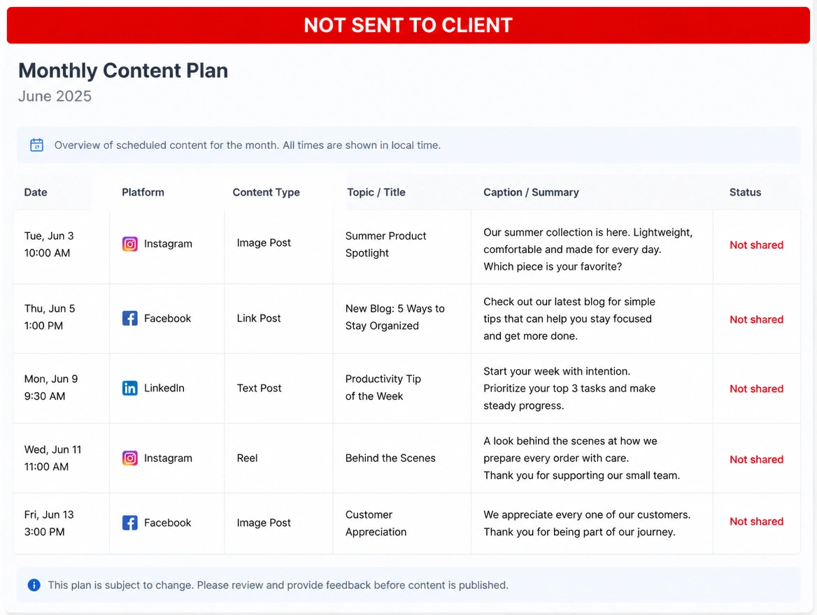 A content plan for the current month still marked not sent, printed in red