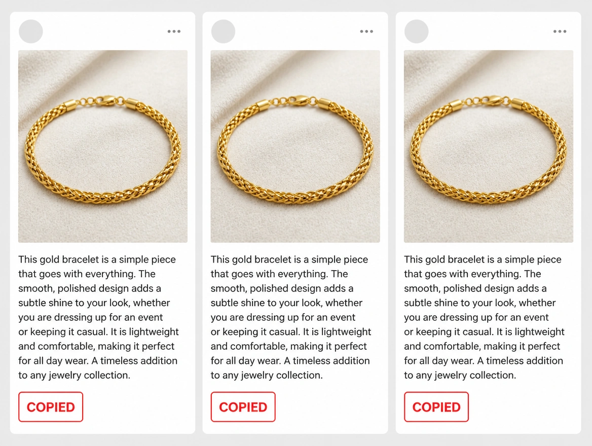 Three platform previews holding the same post, each marked copied in red