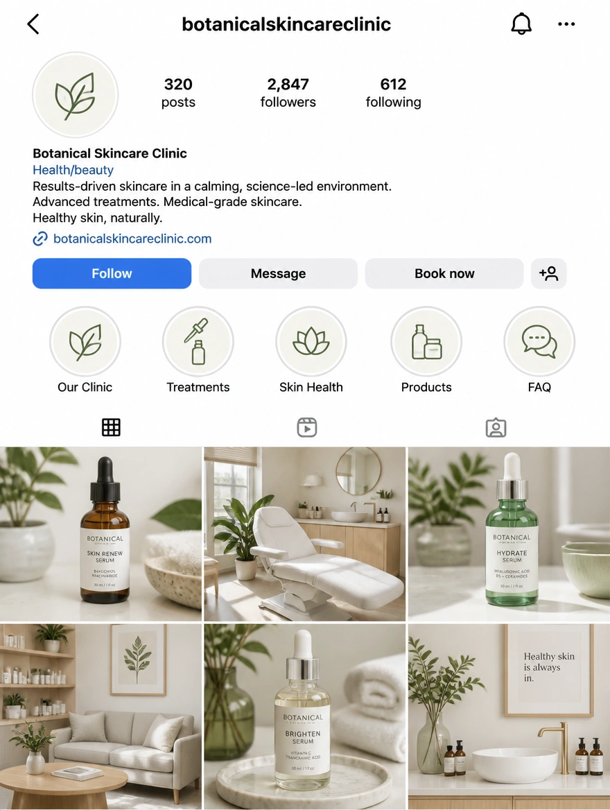 An Instagram business profile for a skincare clinic showing a grid of treatment and product photos