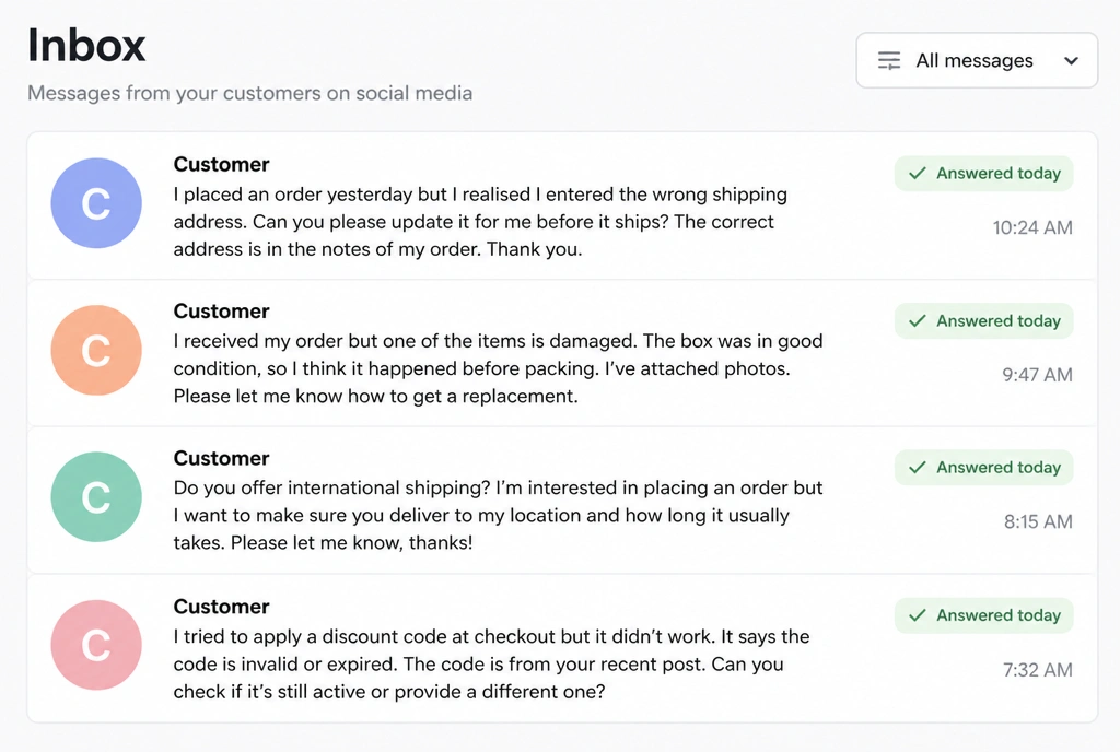 A social inbox with four customer messages, each marked answered today