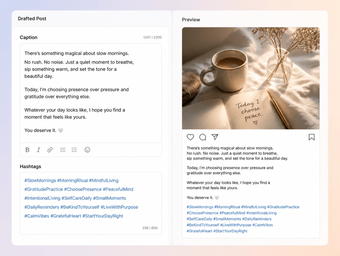 Website mockup showing captions written for you