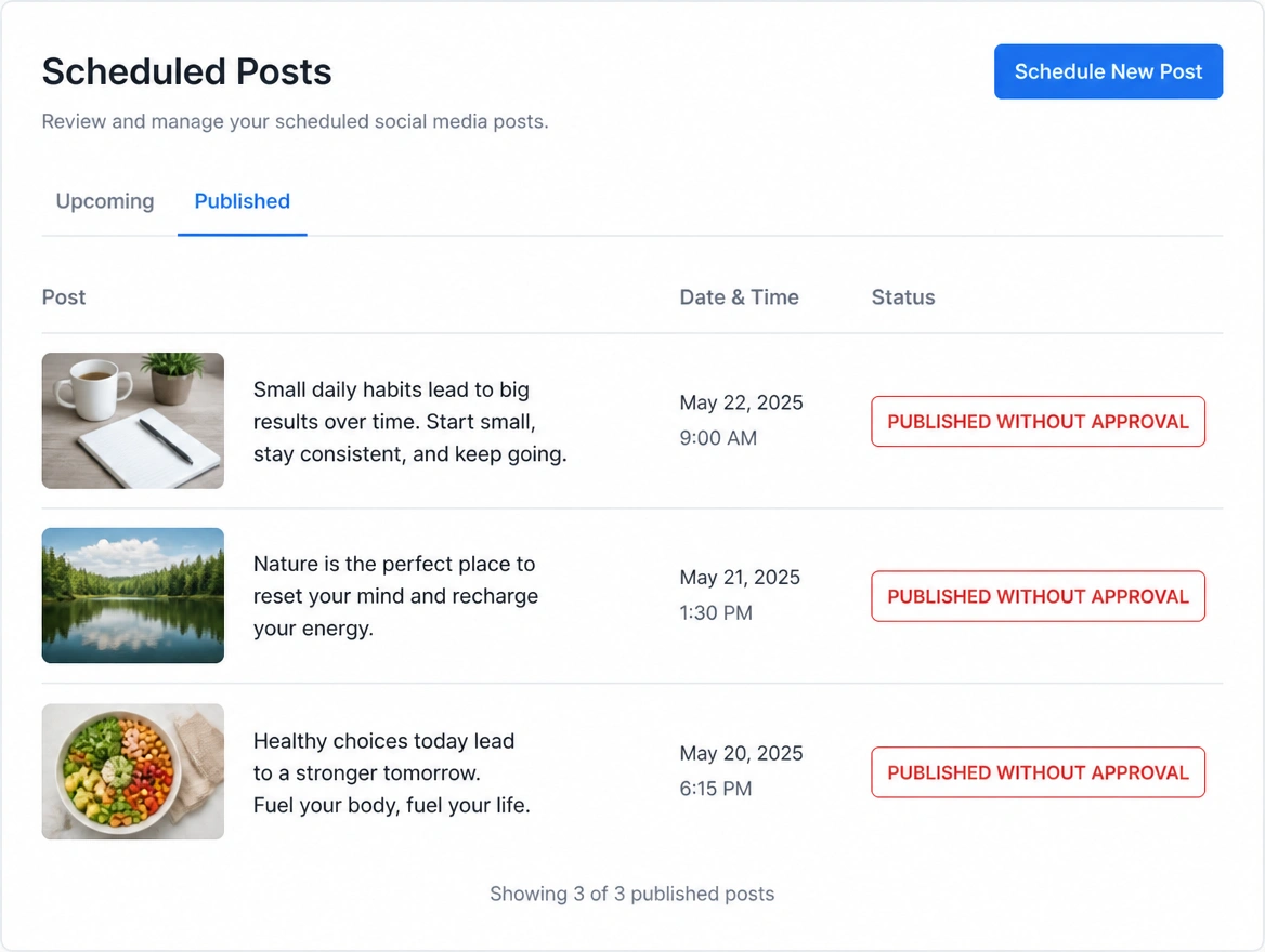A scheduling screen where three posts are stamped published without approval in red