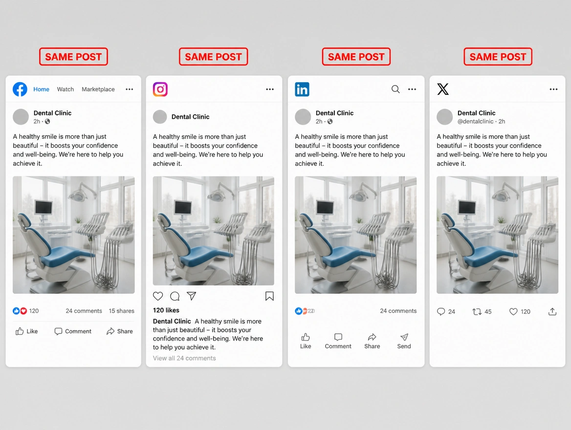 Four platform tabs carrying the identical photo and caption, each flagged duplicate in red