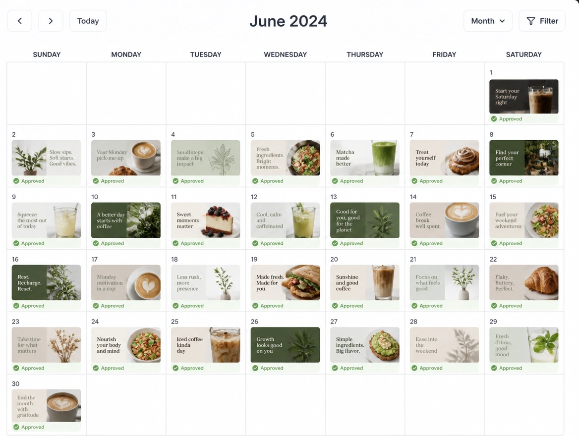 A month of cafe posts laid out in a planner with each day marked approved
