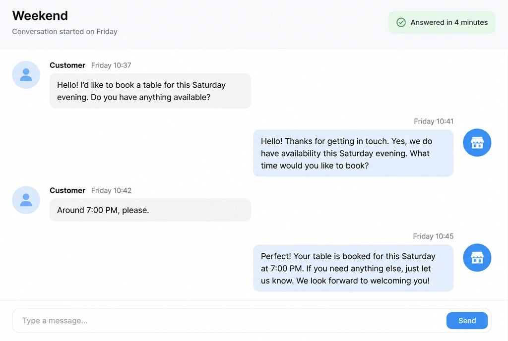 A weekend message thread where a table booking is answered in four minutes
