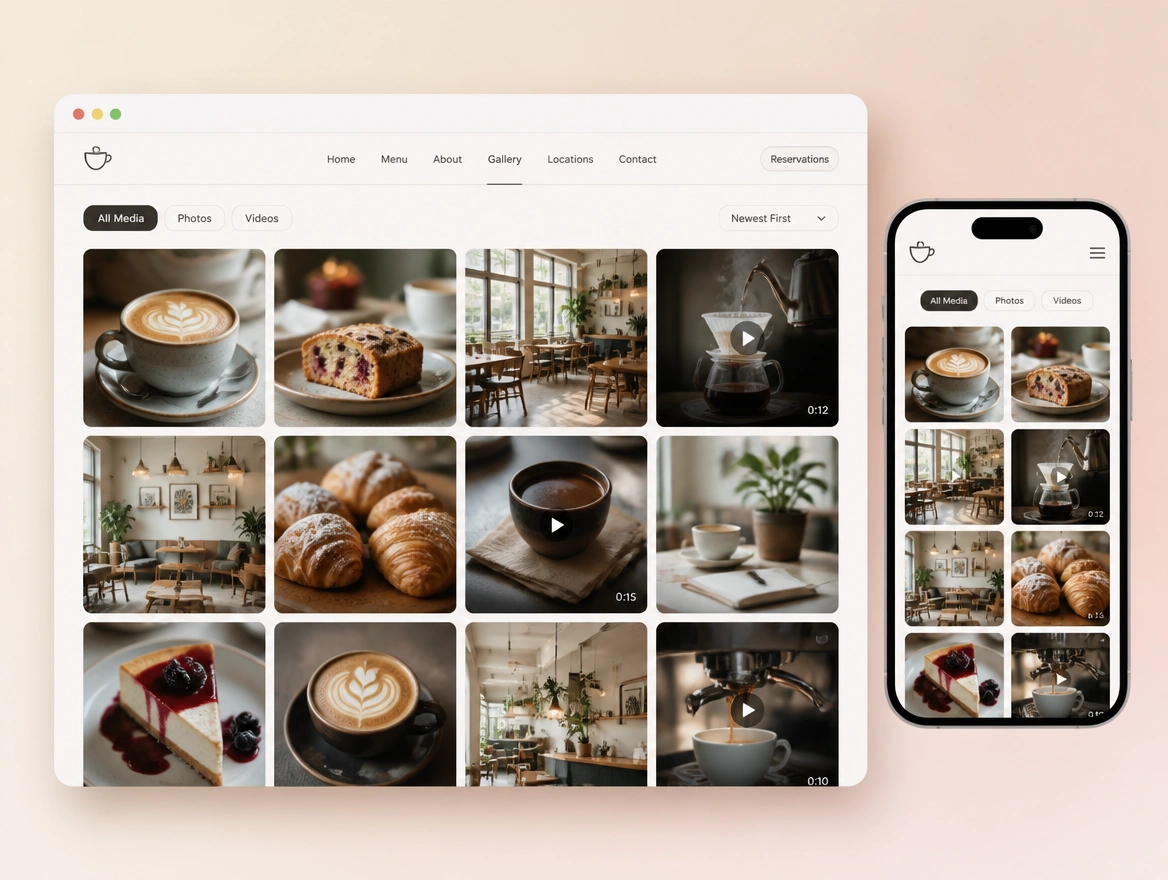 Website mockup showing photos and short video