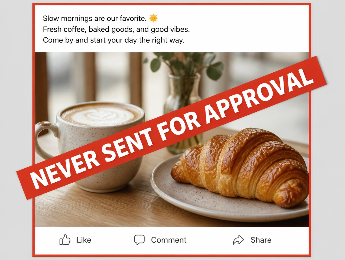 A published post flagged in red as never sent to the client for approval
