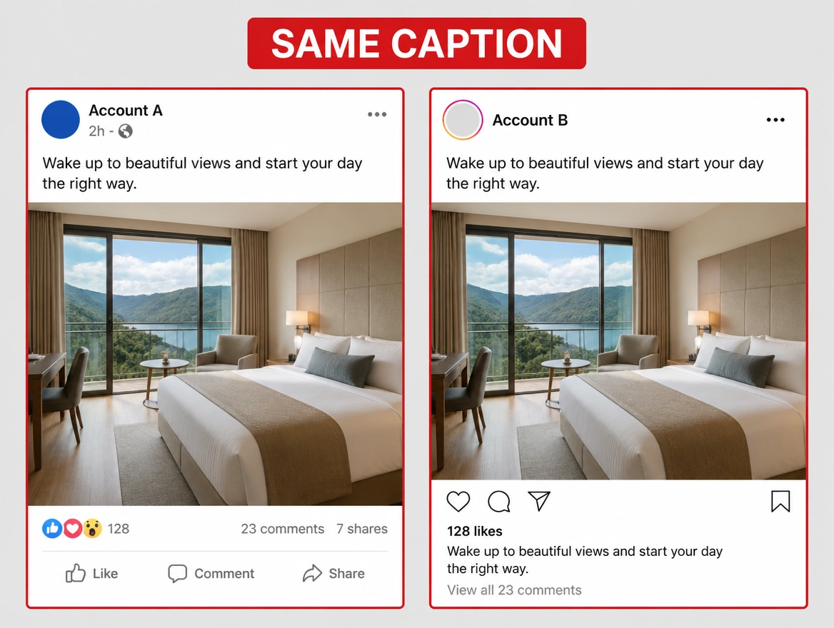 Two accounts side by side carrying the identical caption, flagged in red