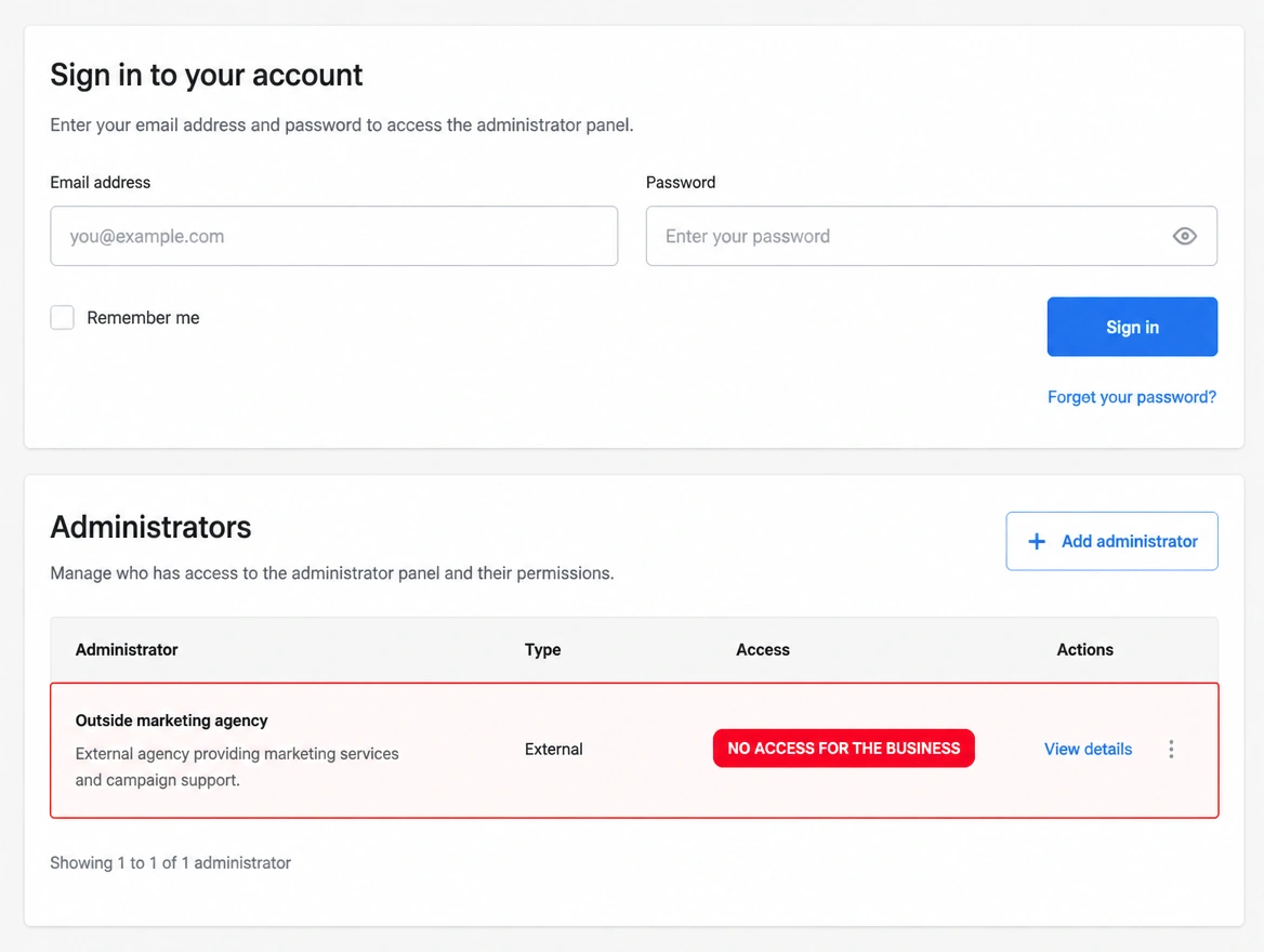 A login panel where the only administrator is an outside agency, marked in red