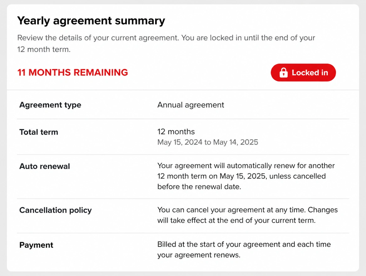 A yearly agreement panel showing eleven months remaining in red