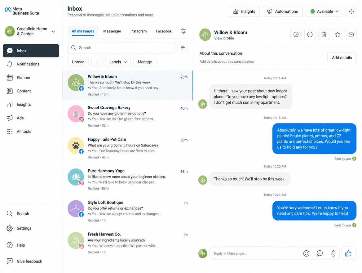 A Meta Business Suite inbox where every business conversation already has a reply sent