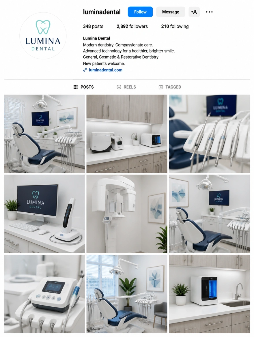 An Instagram business profile for a dental clinic with a grid of treatment room photographs