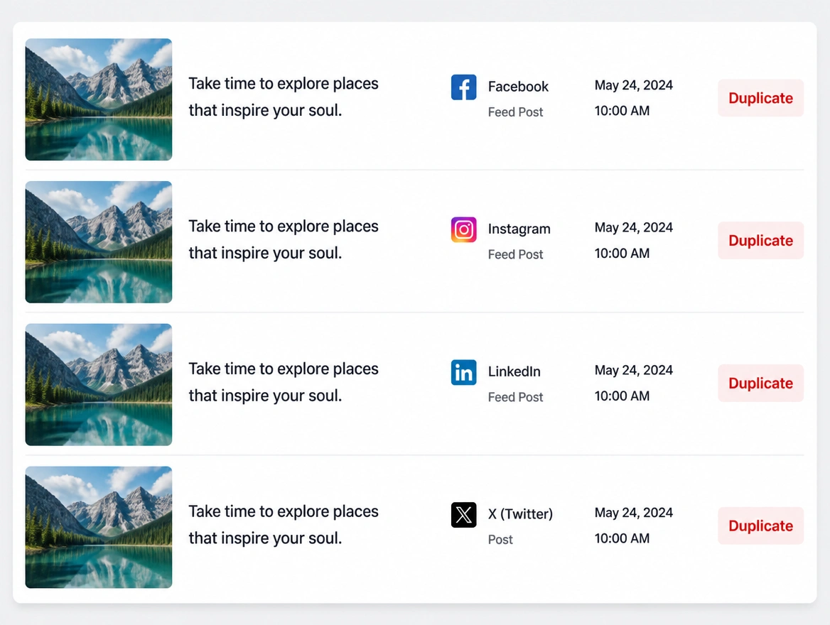 A scheduling queue where the same caption and photograph go to four platforms, each tagged duplicate in red
