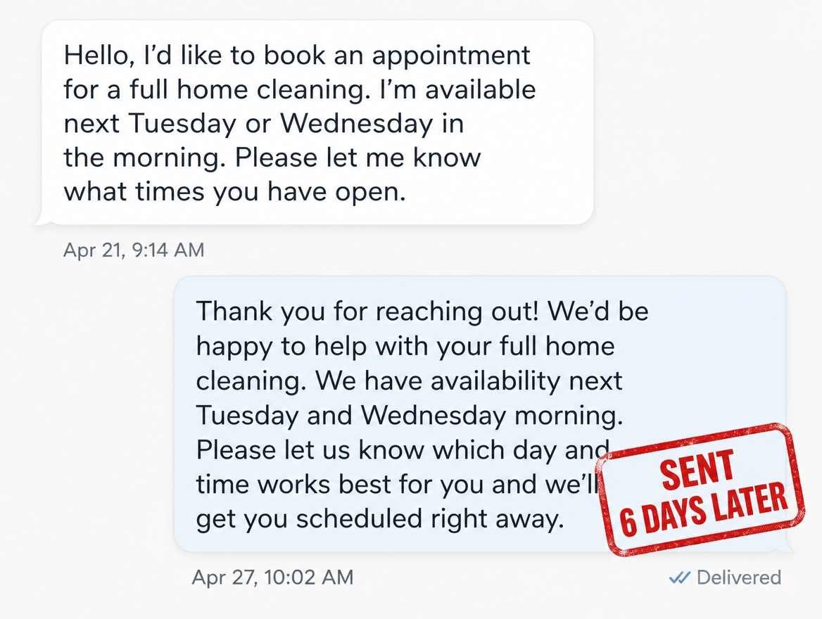 A booking question and its reply stamped in red as sent six days later