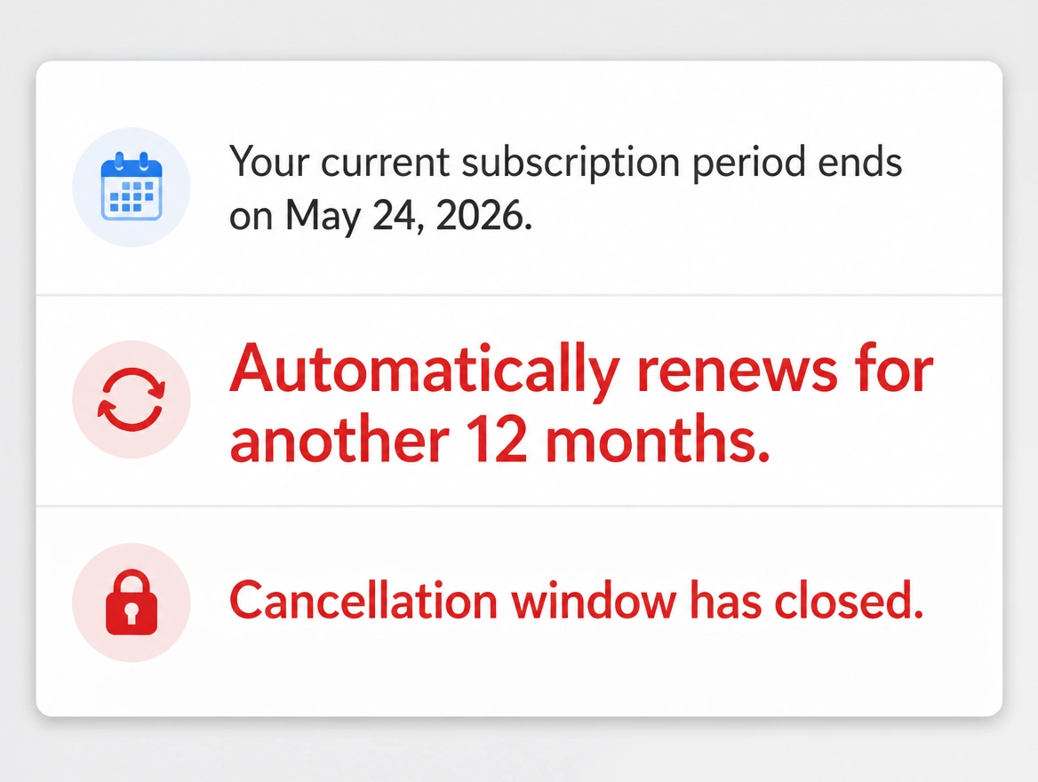 A renewal notice showing an automatic twelve month renewal and a closed cancellation window in red