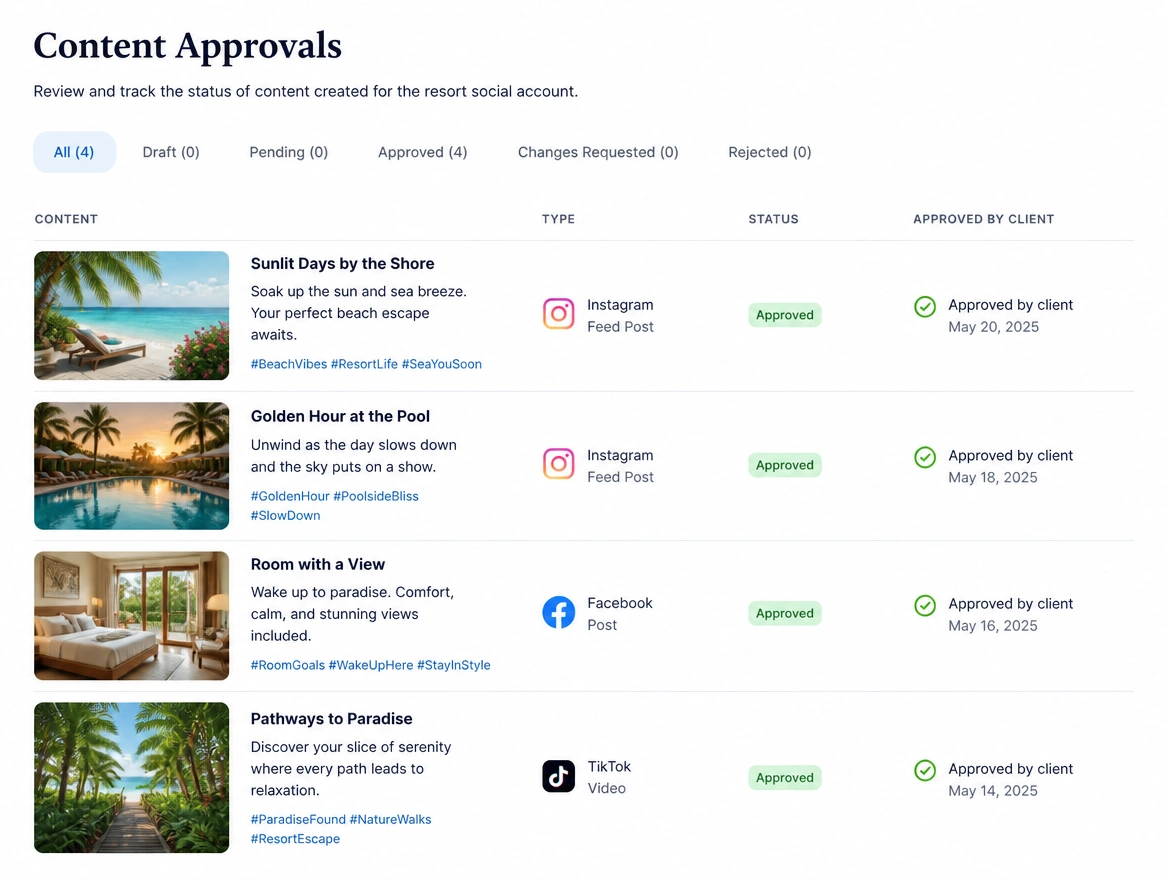 A content approvals list where every draft shows approved by client with the date
