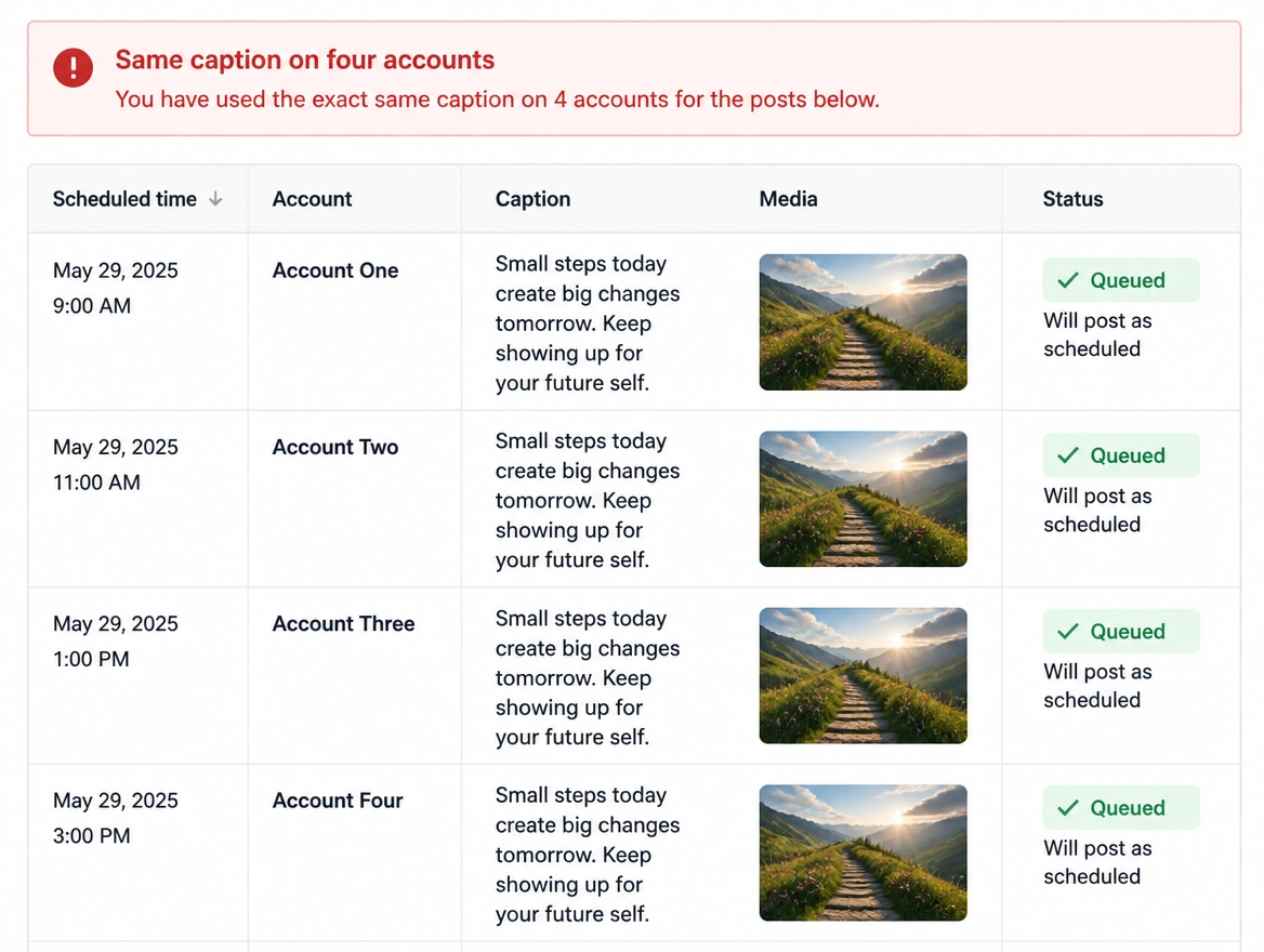 A scheduled posts table warning that one caption is queued on four accounts