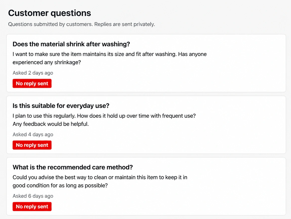 A list of customer questions each marked as having no reply sent