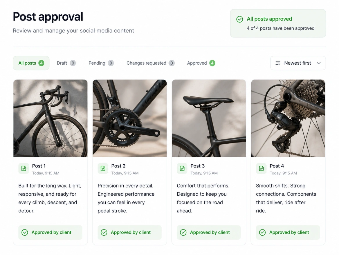 A post approval screen where four cycling brand drafts are marked approved by the client