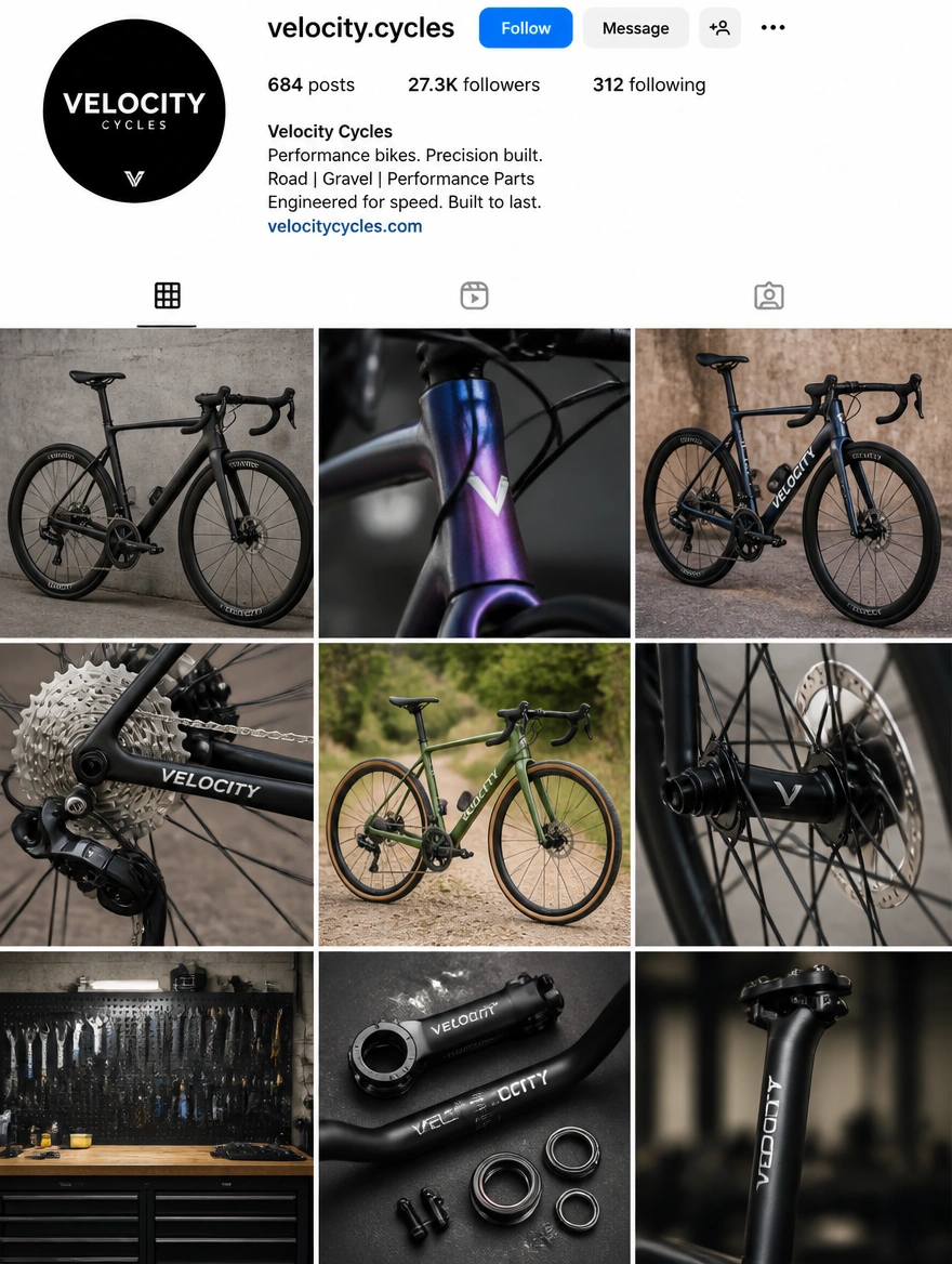 An Instagram business profile for a performance cycling brand with a grid of product photographs