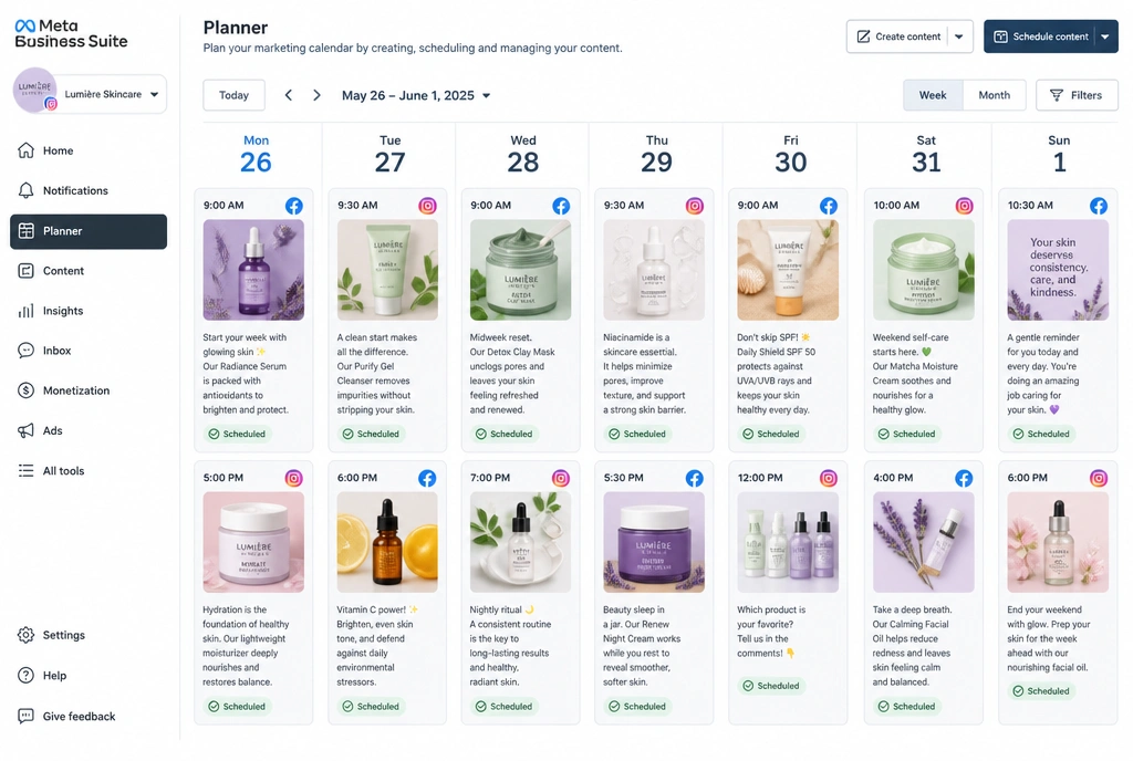 A Meta Business Suite planner with a week of Facebook and Instagram posts scheduled