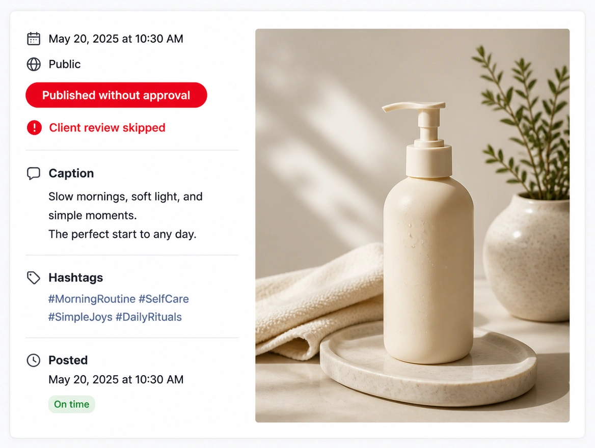 A published post marked in red as published without approval and client review skipped