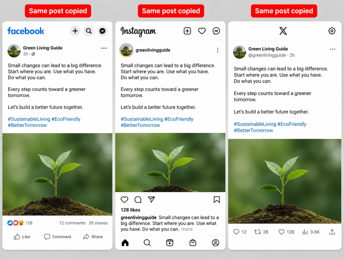 Three platform columns showing the identical caption, each tagged in red as the same post copied