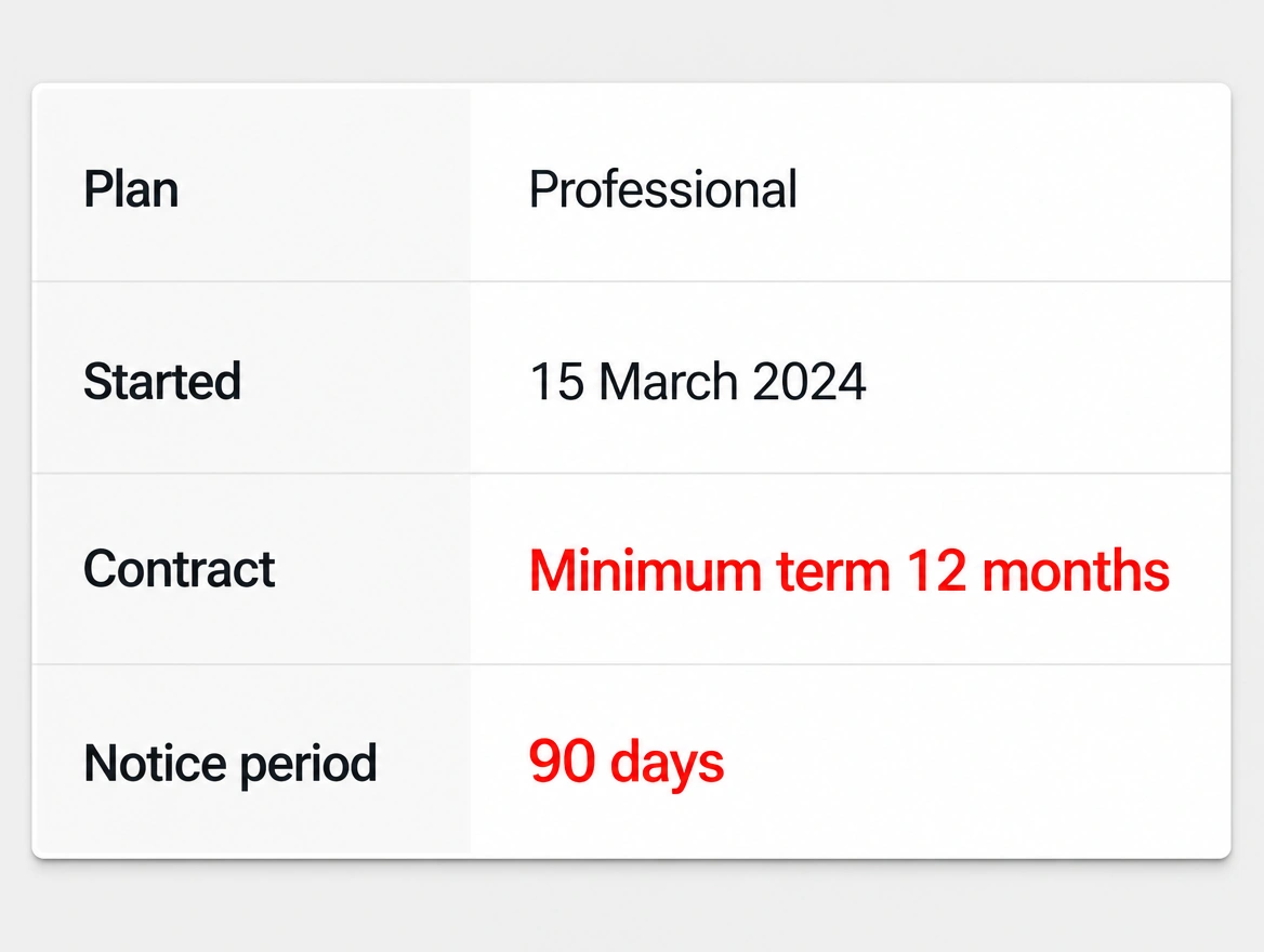 A client account panel with a twelve month minimum term and ninety day notice printed in red