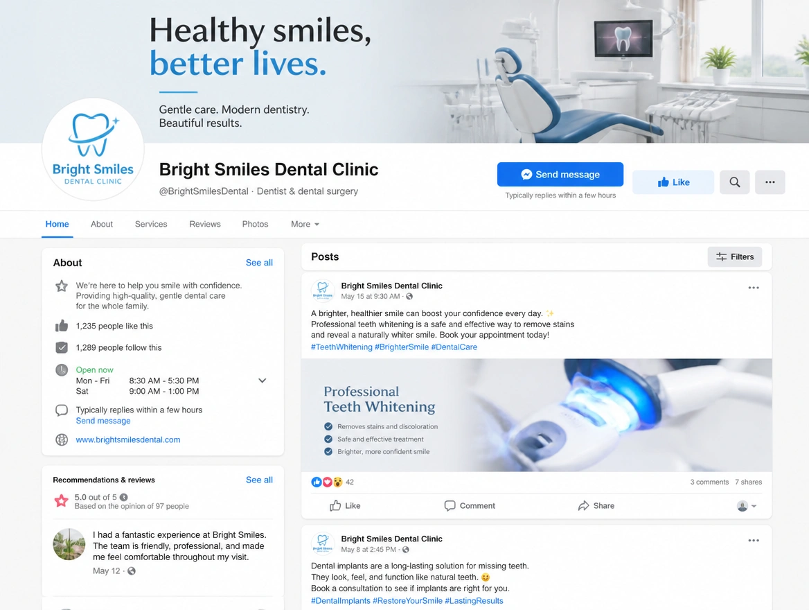 A Facebook business page for a local dental clinic with recent posts, opening hours and a message button