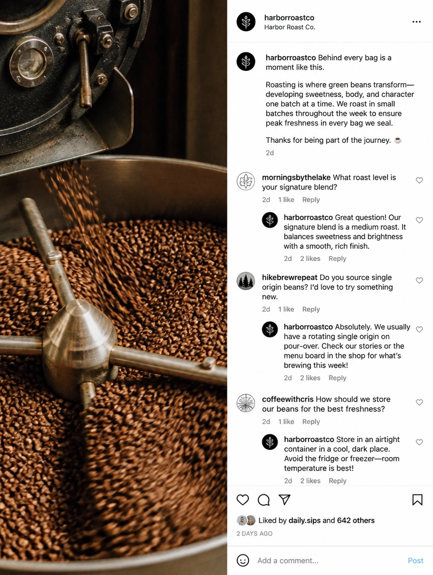 An Instagram post from a local coffee roastery with its caption and answered comments