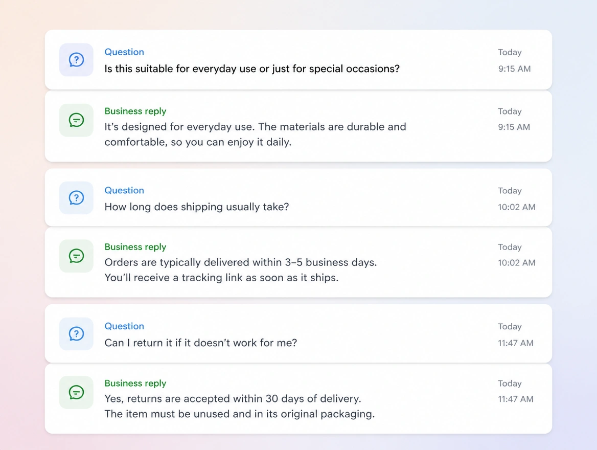 Website mockup showing questions answered